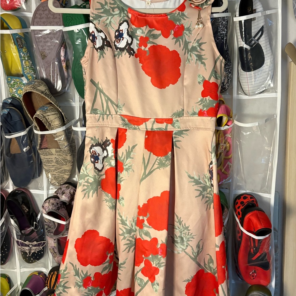 Floral Mini Dress - Red and Cream